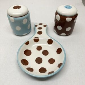 Paula Deen At Home Dot Crazy Salt Pepper Shakers Spoon Rest Set Brown Blue Polka
